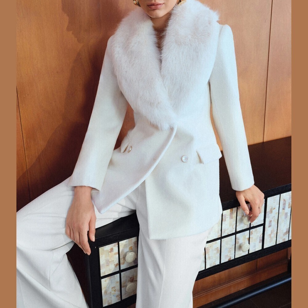 White Faux Fur Collar Double Breasted Regular Length Coat